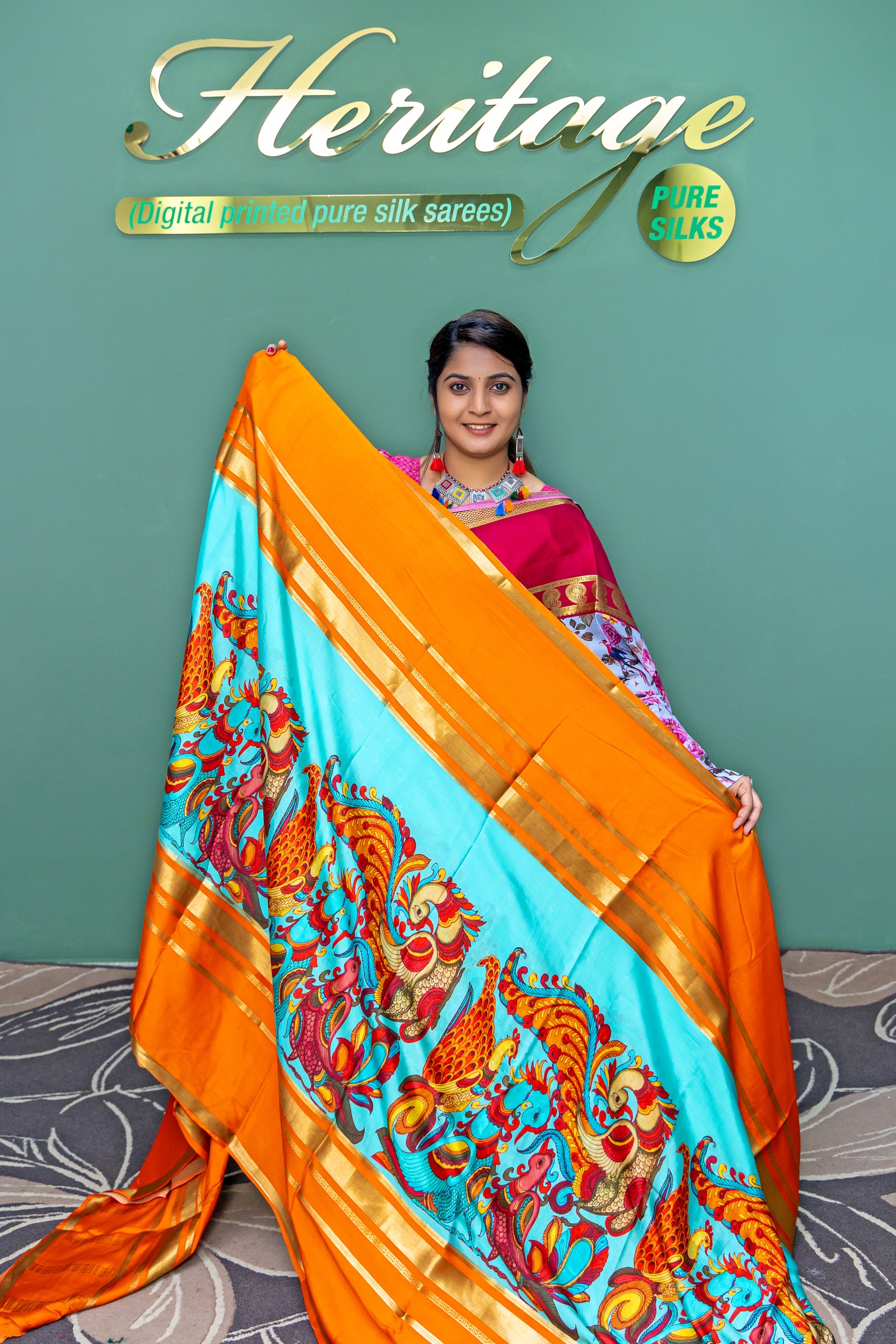 Heritage Pure Silk Mysore Crepe Orange and Blue Color Saree