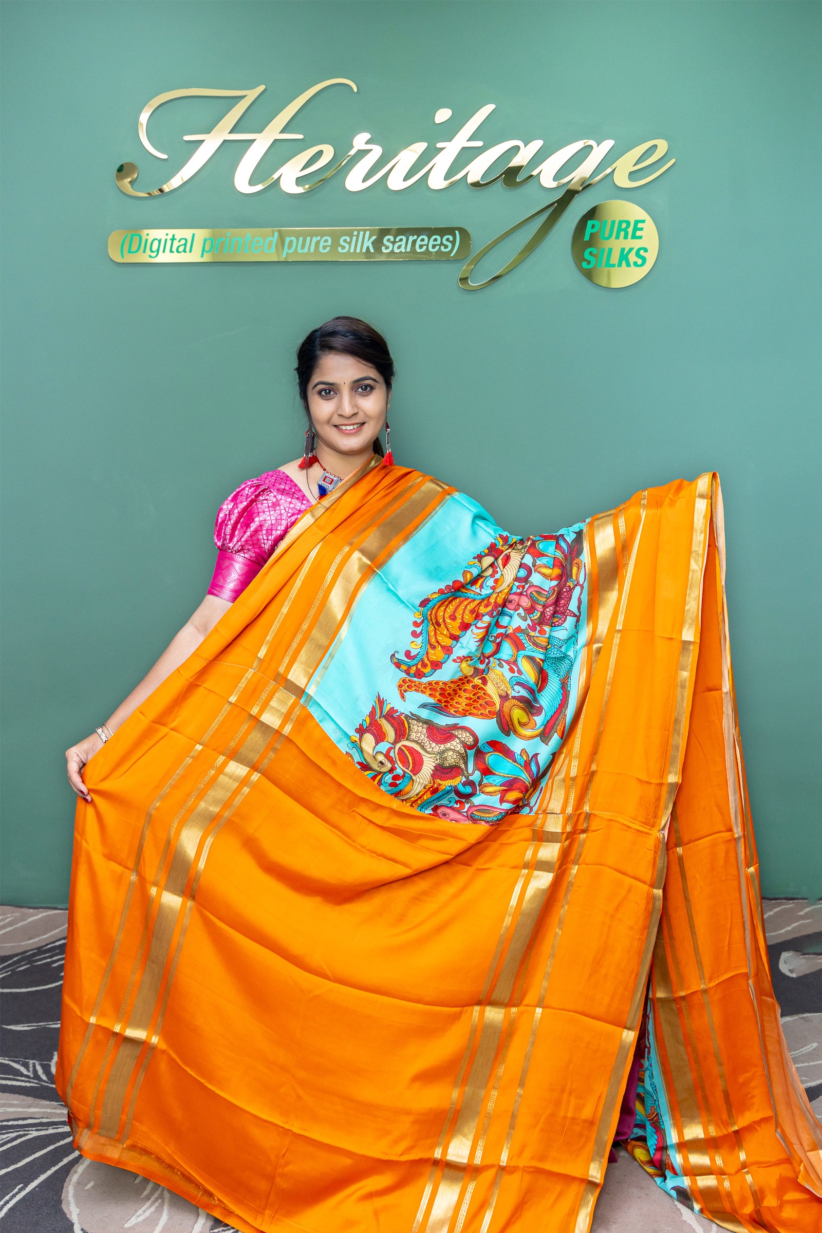 Heritage Pure Silk Mysore Crepe Orange and Blue Color Saree