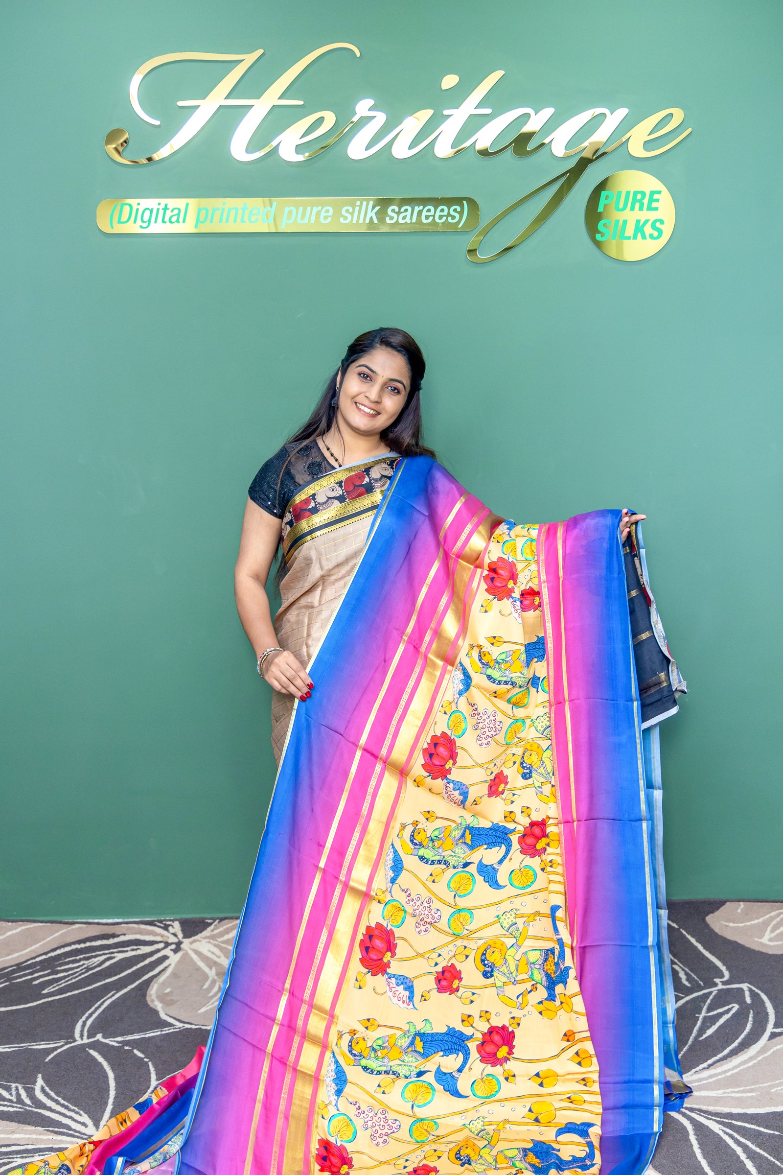 Heritage Pure Silks Mysore Crepe Kalamkari Design Lemon Yellow with Blue and Pink Shade Border