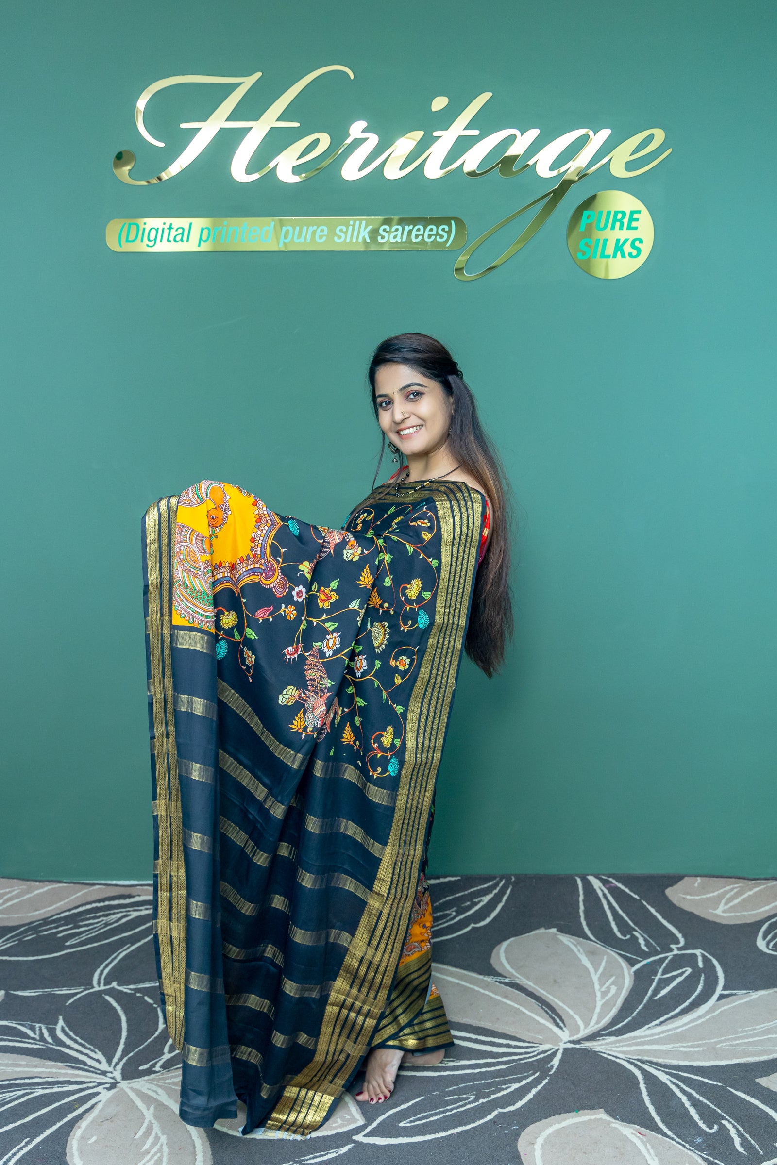 Heritage Pure Silks Mysore Crepe Black and Yellow Color Saree