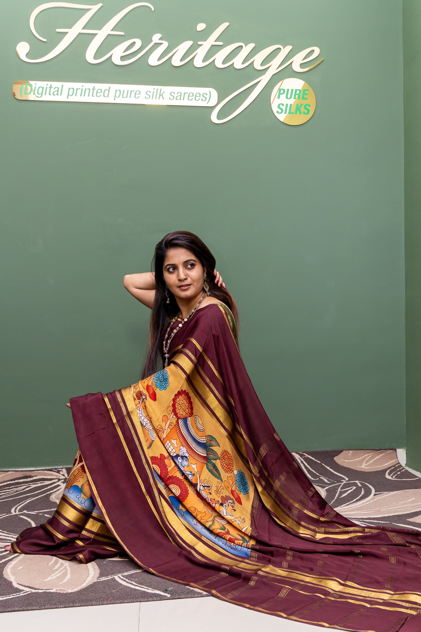 Heritage Pure Silk Mysore Crepe Kalamkari Design Brown with Gold and Dusky Yellow Color Saree