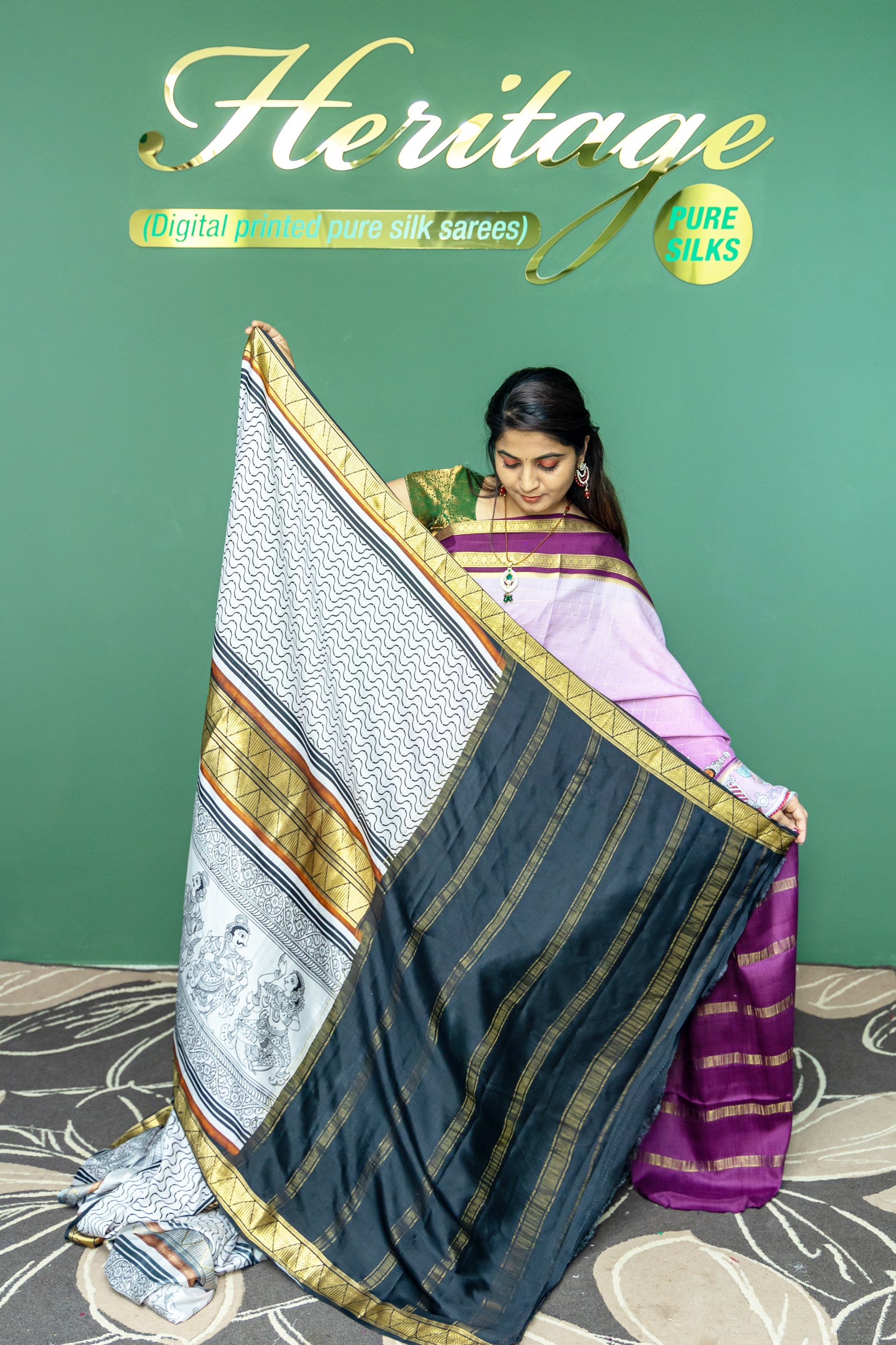 Heritage Pure Silks Mysore Crepe Black, White, and Gold Color Saree