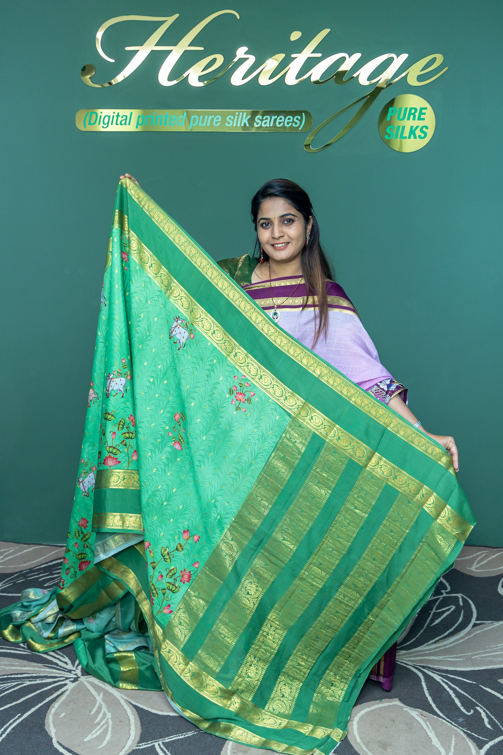 Heritage Pure Silks Mysore Crepe Black Pichakari Design Light Green Color Saree