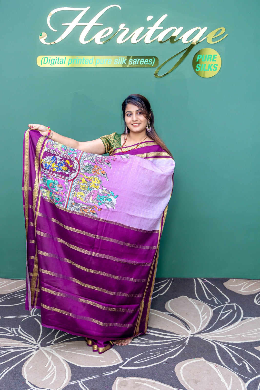 Heritage Pure Silk Mysore Crepe Kalamkari Design Light Purple Shade with Dark Purple Border Saree