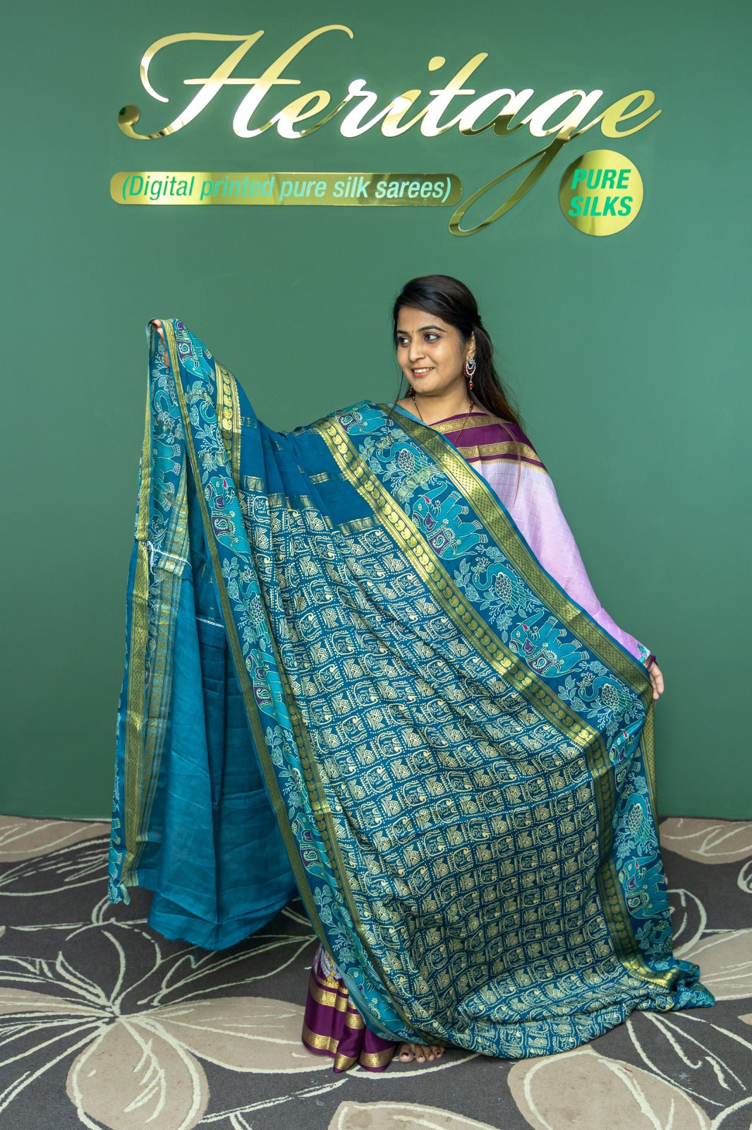 Heritage Pure Silk Mysore Crepe Blue and Gold Color Saree