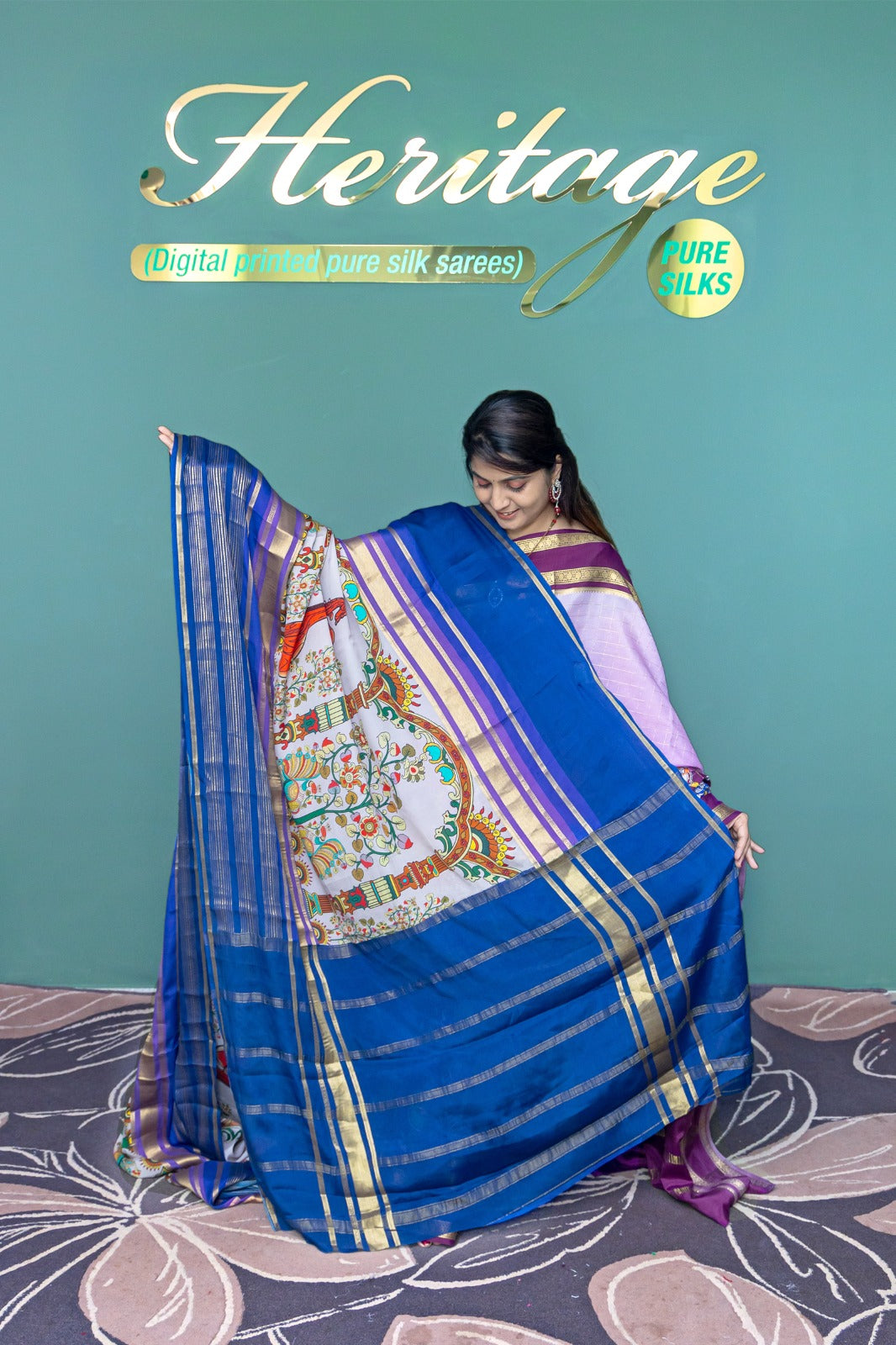 Heritage Pure Silk Mysore Crepe Kalamkari Design Blue and Purple Shade Color Saree