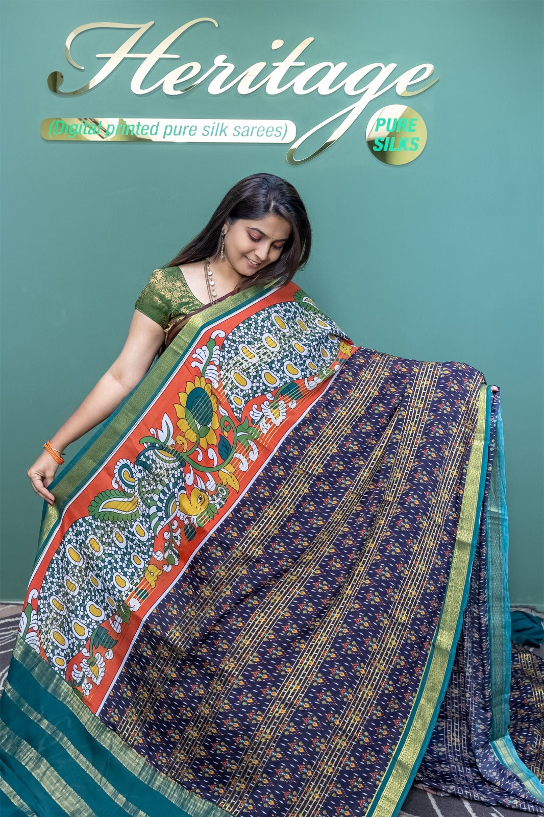 Heritage Pure Silk Mysore Crepe Kalamkari with Ekta Design Brown and Bottle Green Color Saree