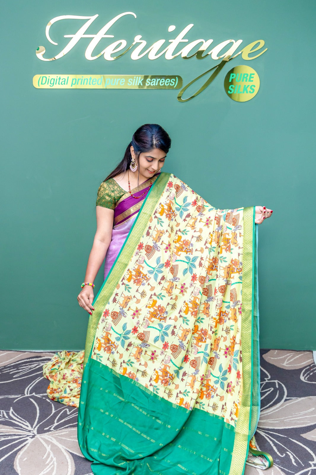 Heritage Pure Silk Mysore Crepe Kalamkari Design Green and Lemon Yellow Color Saree